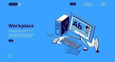 Vector banner of workplace with isometric computer