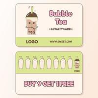 Vector template for a loyalty card. Vip card for coffee shop customers. Each serving of 9 bubbly teas for free. Kawaii style card with a cute tea cup character with a smile for promotions.