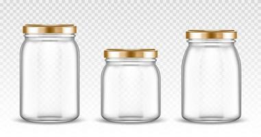 frascos de vidrio vacíos de diferentes formas con tapas doradas vector