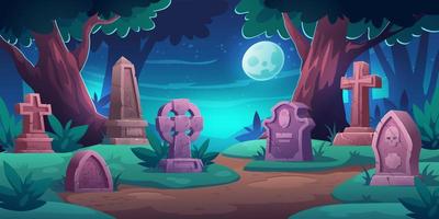 Old cemetery with graves and tombstones at night vector