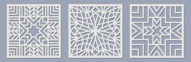 Vector Laser cut square panel set with vintage baroque pattern. Ornamental templates collection for wedding invitation or greeting card. Cabinet fretwork screen. Metal design, wood carving