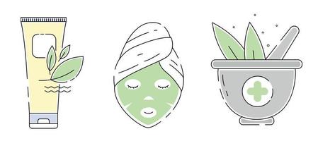 Vector Icon set of Herbal Cosmetics. Trendy flat outline illustration cosmetic Mask, organic Cream, Mortar and Pestle with green leaves. Alternative medicine concept. Isolated on white background