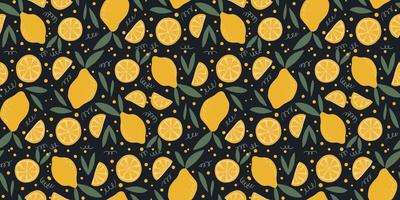 Vector seamless pattern with fresh lemon slices and green leaves on black background. Fruity background for wrapping paper, fabric, textile, packing