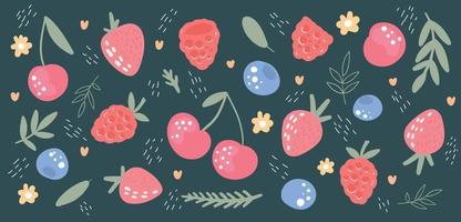 Big Hand Drawn set of different Berries. Vector illustration of Strawberries, Blueberries, Cherries, Raspberries. Harvest concept. Isolated on dark background