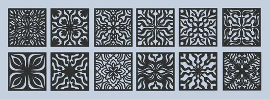 Set of Laser cut vector Decorative panel. Cutout silhouette with geometric Ornament Pattern. Square Template for cnc cutting, panels of wood, metal, paper, plastic