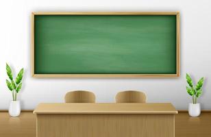 Classroom with green blackboard on wall and table vector