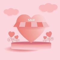 Joyful lovely Podium stand with heart in valentine's day sale banner. Decoration podium for love design for valentine's day festival pink background. Vector illustration podium stand paper art style.