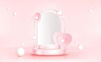 Podium with hearts, abstract pink background. vector