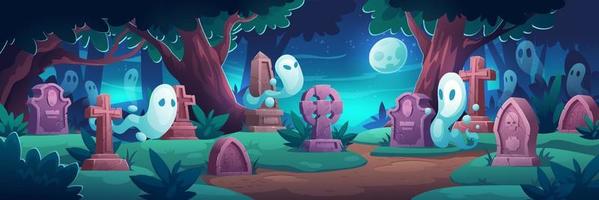 Cemetery with ghosts at nigh, graveyard in forest vector