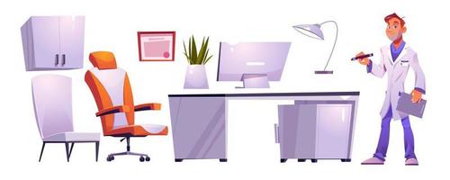 Clinic cabinet interior stuff and male doctor set vector