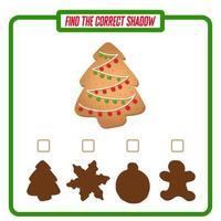 Find the right shadow. Cute Christmas tree. Educational game with ginger cookies. Logic games for children with an answer. A training card with a task for preschool and kindergarten children. vector
