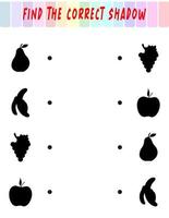 Find the right shadow. Cute fruits. Educational game with fruits. Logic games for children with an answer. A training card with a task for preschool and kindergarten children. vector