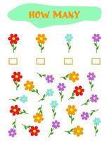 Counting Game for Preschool Children. Educational a mathematical game. Count how many flowers and write the result. Math worksheet for kids. vector