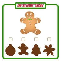 Find the right shadow. Cute ginger man. Educational game with ginger cookies. Logic games for children with an answer. A training card with a task for preschool and kindergarten children. vector