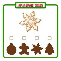 Find the right shadow. Cute snowflake. Educational game with ginger cookies. Logic games for children with an answer. A training card with a task for preschool and kindergarten children. vector