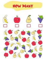 Counting Game for Preschool Children. Educational a mathematical game. Count how many fruits and write the result. Math worksheet for kids. vector