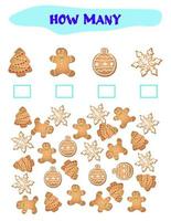 Counting Game for Preschool Children. Educational a mathematical game. Count how many cookies and write the result. Math worksheet for kids. vector