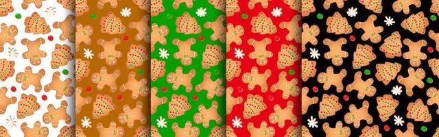 Seamless pattern with ginger cookies. Gingerbread man, Christmas tree, snowflake. vector