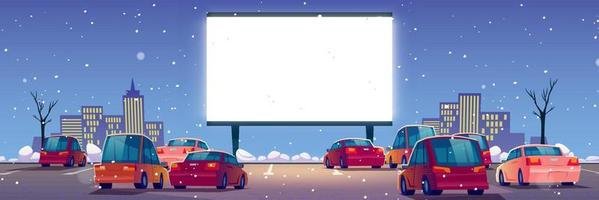 Outdoor cinema, winter drive-in movie theater vector