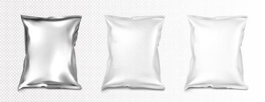 Foil and plastic bags mockup, white and silver