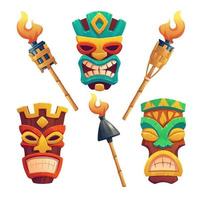 Tiki masks, hawaiian tribal totem and torches