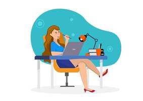 Happy businesswoman working on computer with smiling face Workplace or work satisfaction with corporate employee wellbeing concept vector