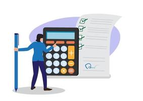 Businesswoman with cost estimate calculator from project document project cost estimation Calculate budgets or resources to complete tasks, financial plans, invoices or taxes. cost or loan concept vector