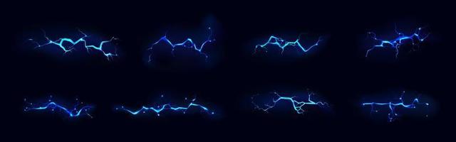 Lightning, electric strike during night storm set vector