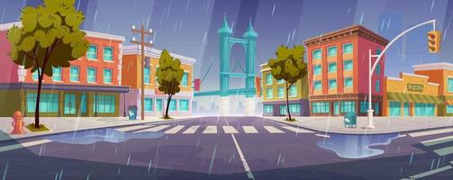 Rain on city street with houses and overpass road vector