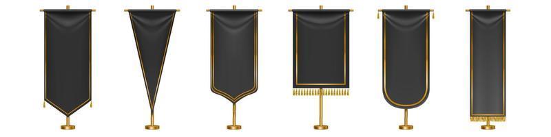 Black long pennant flags with golden tassel fringe vector