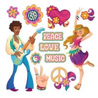 Hippie people, signs of peace, love and music vector