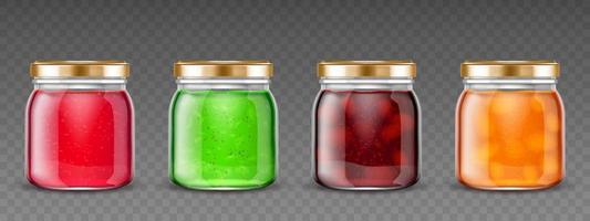 Jam jars, glass containers with fruit jelly set vector