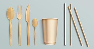 Wooden cutlery, paper cup and metal straw vector