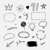 Vector set of doodle elements, frames, lamp, ellipses, question marks, exclamation marks, arrows, loops, brushes, stars and more, for concept designs.