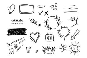 Vector set of doodle elements, frames, gloves, arrows, swirls, brushes, stars and more, for concept designs.