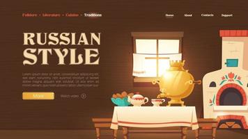 página de inicio de estilo ruso con interior de cocina vector