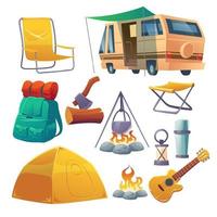 campamento de verano con carpa, hoguera, mochila y furgoneta vector