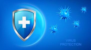 Virus protection banner with shield and bacteria vector