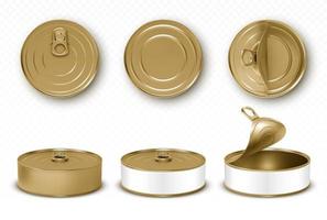 Gold tin cans, fish or pet food with pull ring set vector