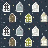 A pattern of hand-drawn houses. Cute cartoon pattern with tiny houses on a dark background. Seamless vector background in Scandinavian style. New Year's theme. Gift packaging, textiles. Triangles.