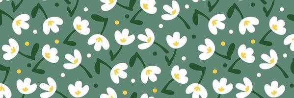 Light spring pattern with snowdrops and dots on a green background. Stylish ornament for printing on textiles and paper. Gift packaging for holidays, textiles for the manufacture. vector