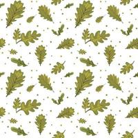 A pattern of green oak leaves with colored dots. Falling leaves. Spring background. Vector illustration on a white background. Printing on textiles and paper. Packaging