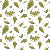 A pattern of green oak leaves with colored dots. Falling leaves. Spring background. Vector illustration on a white background. Printing on textiles and paper. Packaging