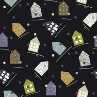 Hand-drawn houses. Cute cartoon pattern with tiny houses on a dark background. Seamless vector background in Scandinavian style. New Year's theme. Gift packaging, textiles.