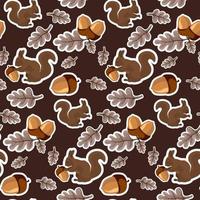 A pattern of squirrel stickers, acorns and leaves on a dark background. Forest protein theme with contour. Recurring leaves, acorns and squirrels. Suitable for printing on textiles and paper. vector