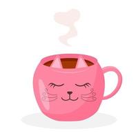 Tea mug with steam. Pink cup in the shape of a cat. Cute hot drink isolated on white background. vector