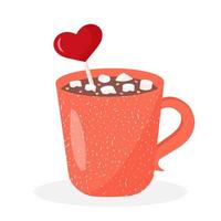 Coffee mug with heart lollipop, marshmallow and hearts. Cute hot drink isolated on white background. vector