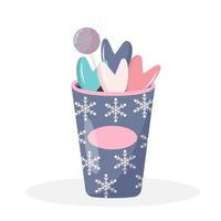 Plastic cup of coffee with snowflakes ornament, lollipop and sweet hearts. Hot winter drink isolated on white background. vector