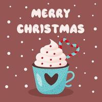 Coffee mug with heart ornament, whipped cream and candy canes in the shape of heart. Christmas greeting card. Merry Christmas text. vector