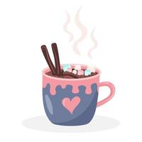 Coffee mug with heart ornament, steam, marshmallows and cinnamon. Cute hot drink isolated on white background. vector